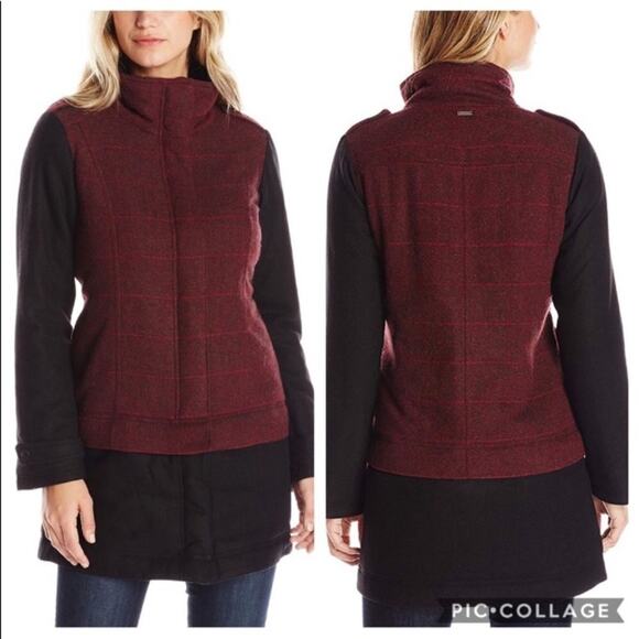 Prana Wool Coat Womens Medium Plaid Convertible Black Herringbone Winter Warm - Picture 1 of 12